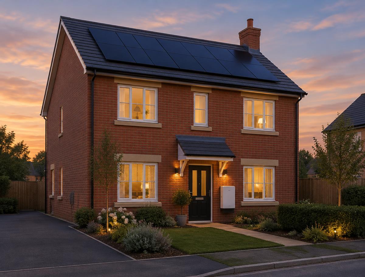 Solar panels and a home battery on a brick house at dusk